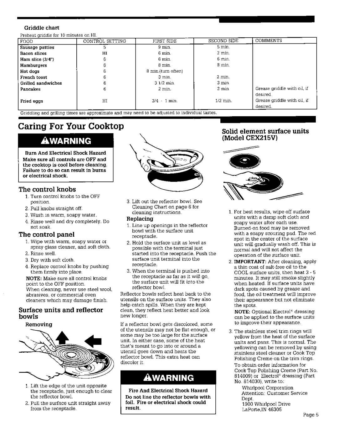 Whirlpool CEX630V, CEX650V Caring For Your Cooktop, Solid element surface units Model CEX215V Control knobs, Control panel 