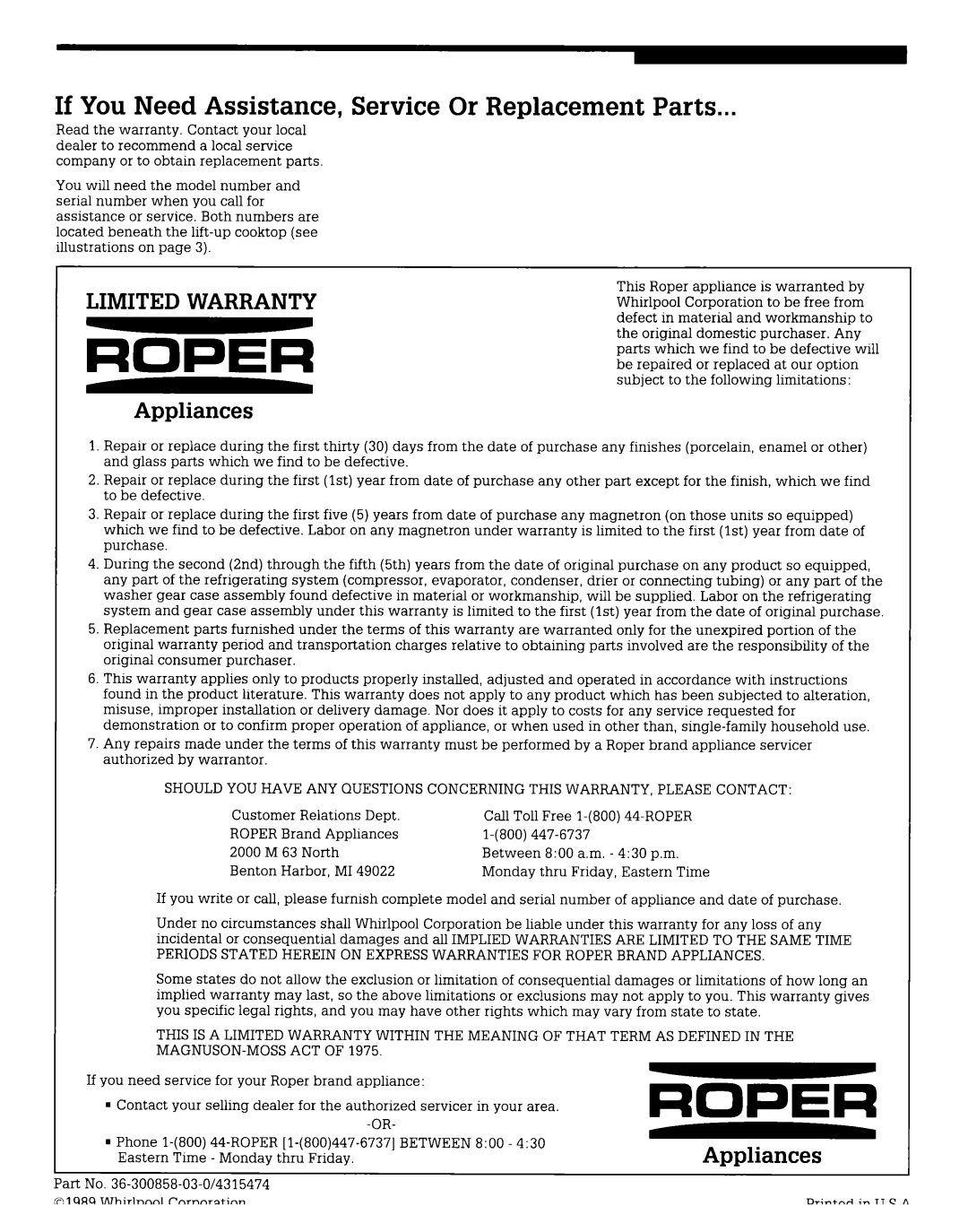 Whirlpool CEX310V, CEX650V, CEX210V, CEX200V If You Need Assistance, Service Or Replacement Parts, Whirlpool Corporation 