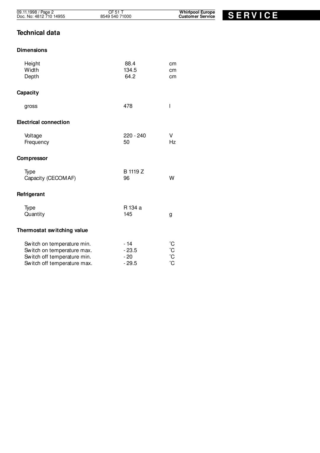 Whirlpool CF 51 T service manual R V I C E, Technical data 