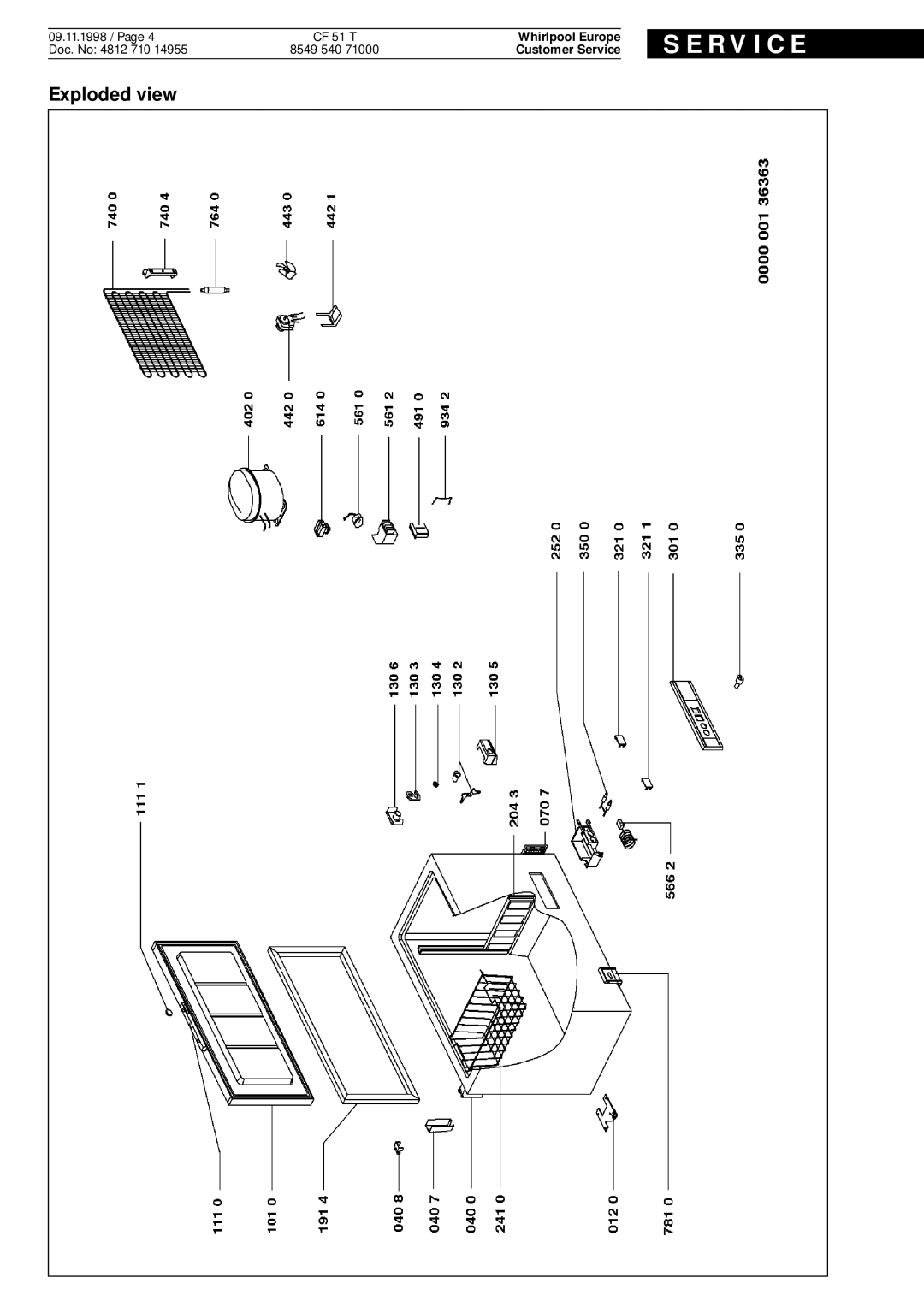 Whirlpool CF 51 T service manual Exploded view, S E R V I C E, Whirlpool Europe, Customer Service 