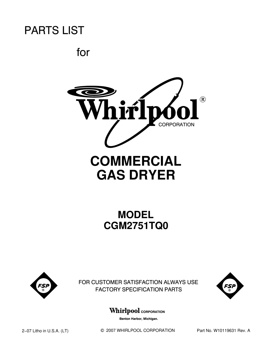 Whirlpool CGM2751TQ0 manual Commercial GAS Dryer 