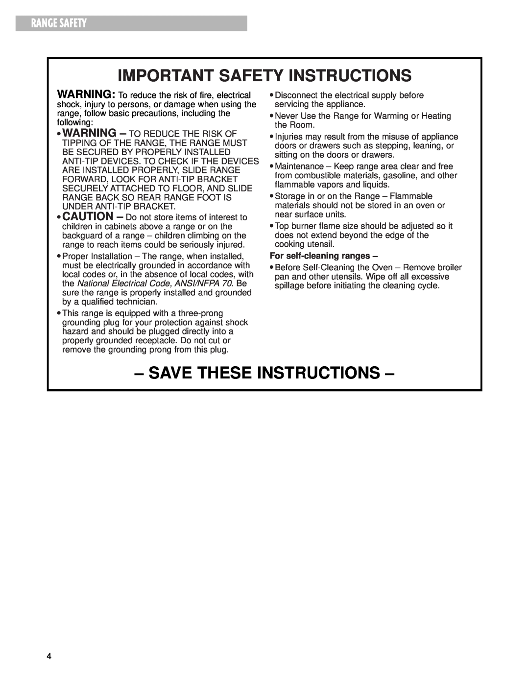 Whirlpool CGS365H warranty Range Safety, Important Safety Instructions, Save These Instructions, For self-cleaning ranges 