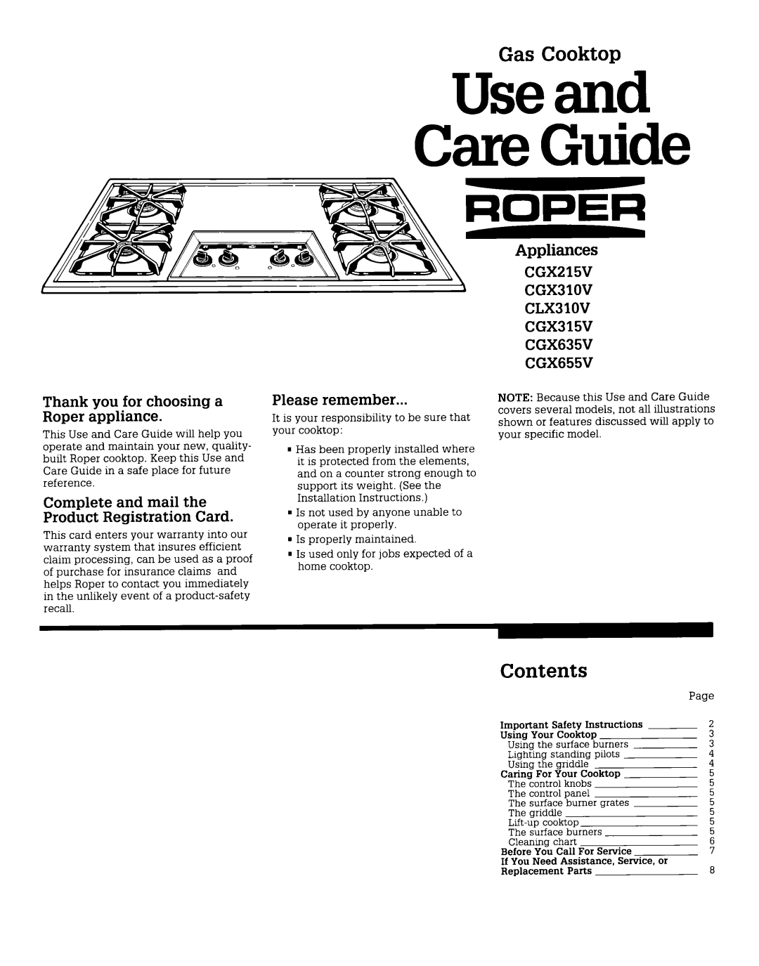 Whirlpool CLX31OV, CGX310V, CGX215V, CGX315V, CGX635V, CGX655V warranty Gas Cooktop, Contents 