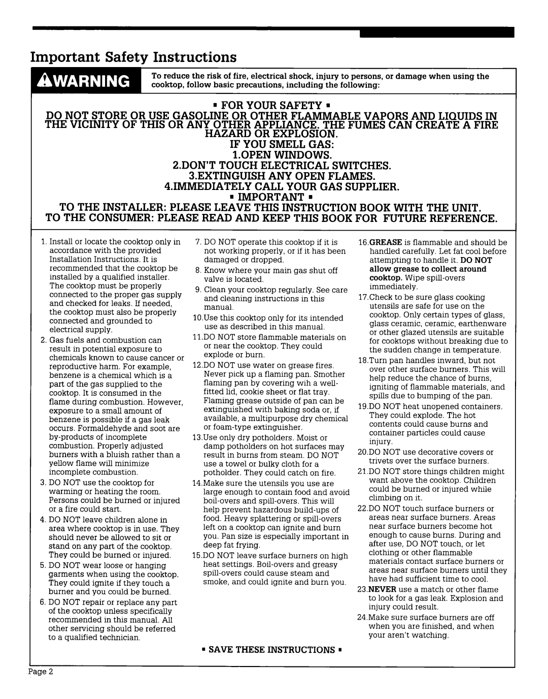 Whirlpool CGX215V, CGX310V Important Safety Instructions, If YOU Smell GAS l.OPEN Windows, Save These Instructions ’ 