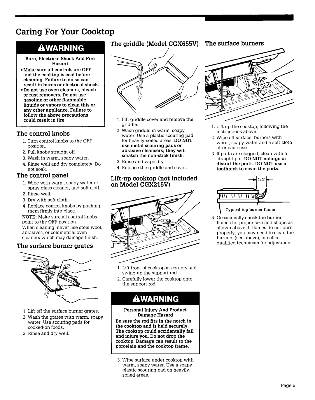 Whirlpool CGX655V, CGX310V, CLX31OV, CGX215V, CGX315V, CGX635V warranty Caring For Your Cooktop 