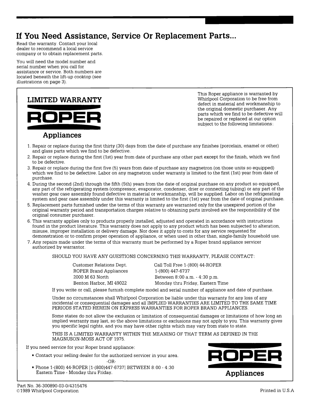 Whirlpool CGX215V, CGX310V, CLX31OV, CGX315V, CGX635V, CGX655V warranty Service Or Replacement Parts, If You Need Assistance 