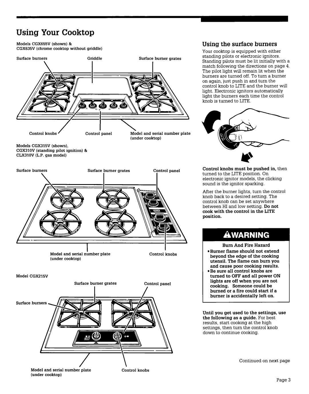 Whirlpool CGX315V, CGX310V, CLX31OV, CGX215V, CGX635V, CGX655V warranty Using Your Cooktop, Using the surface, burners 