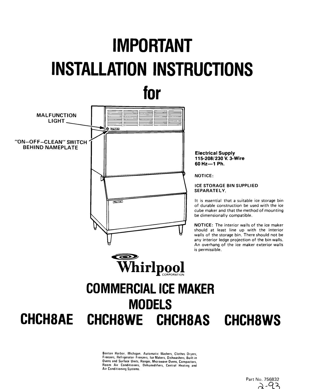 Whirlpool installation instructions Commercialicemaker Models CHCH8AECHCH8WECHCH8AS CHCH8WS 