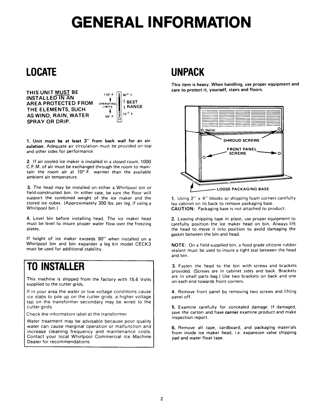 Whirlpool CHCH8AS, CHCH8AE, CHCH8WS, CHCH8WE installation instructions General Information, Locate, Toinstaller, Unpack 