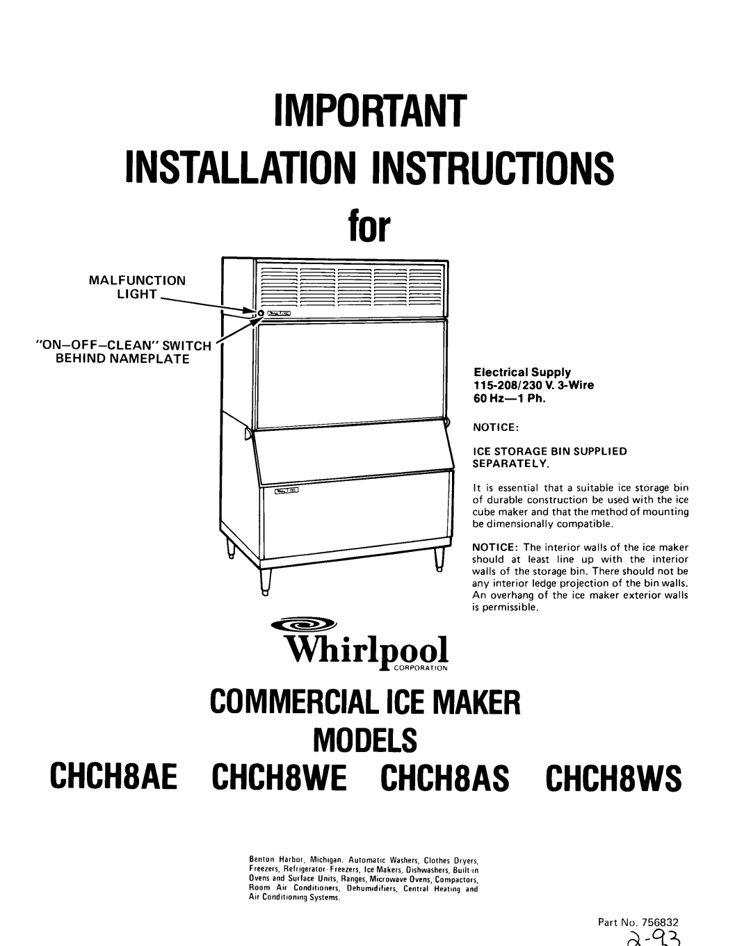 Whirlpool installation instructions Commercialicemaker Models, CHCH8AECHCH8WECHCH8AS CHCH8WS, Whirlpoo 