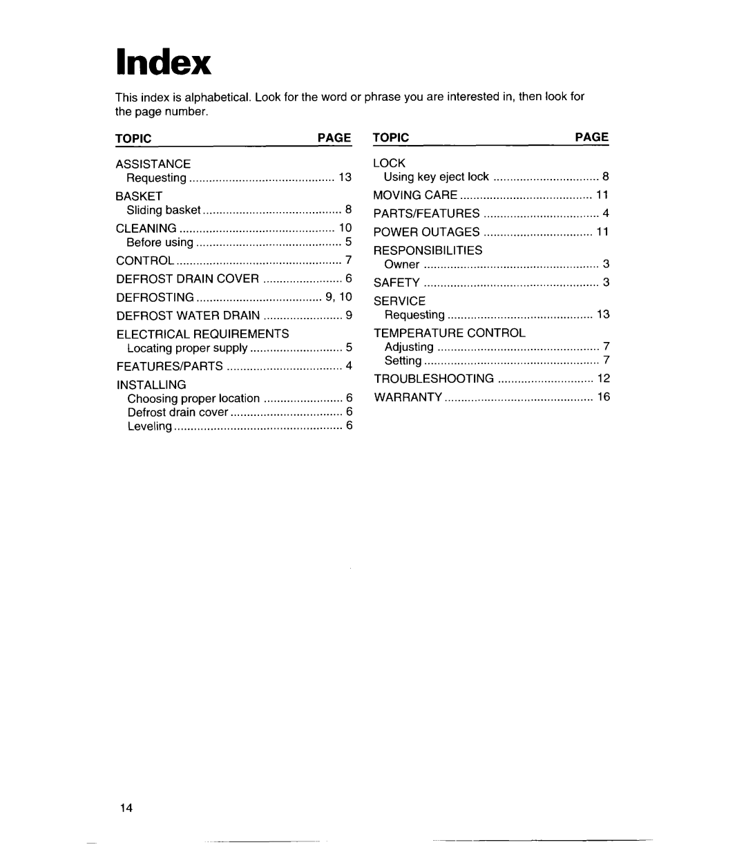 Whirlpool CHEST FREEZERS warranty Index, Basket 