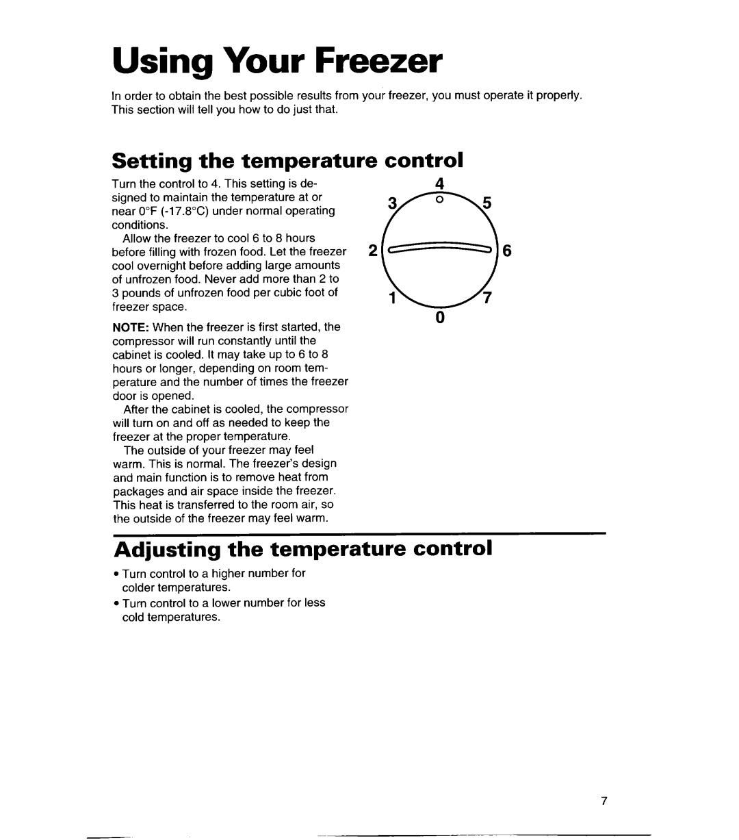 Whirlpool CHEST FREEZERS warranty Setting the temperature, Control, Adjusting the temperature control 