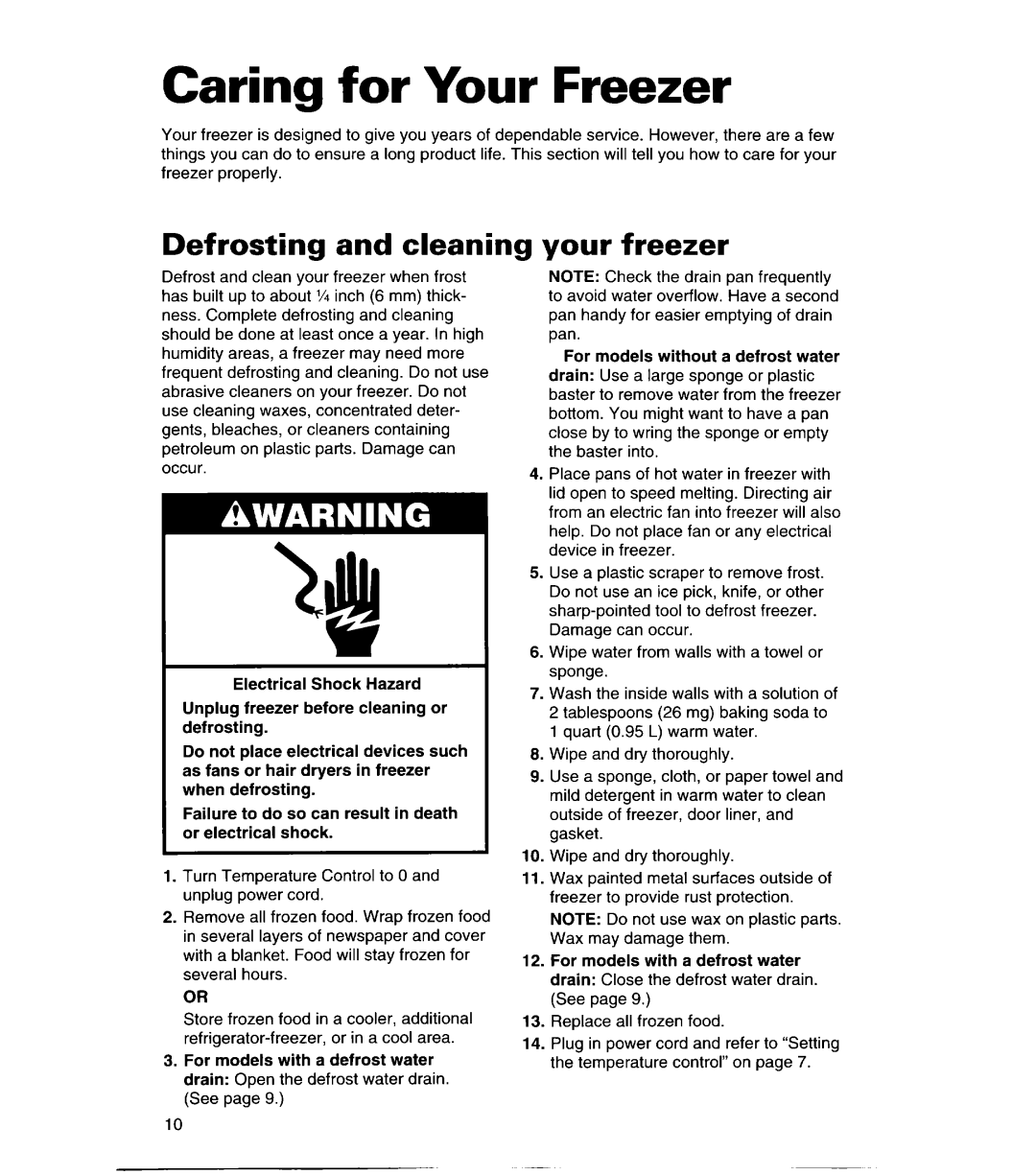 Whirlpool CHEST FREEZERS warranty Caring for Your Freezer, Defrosting and cleaning, your freezer 