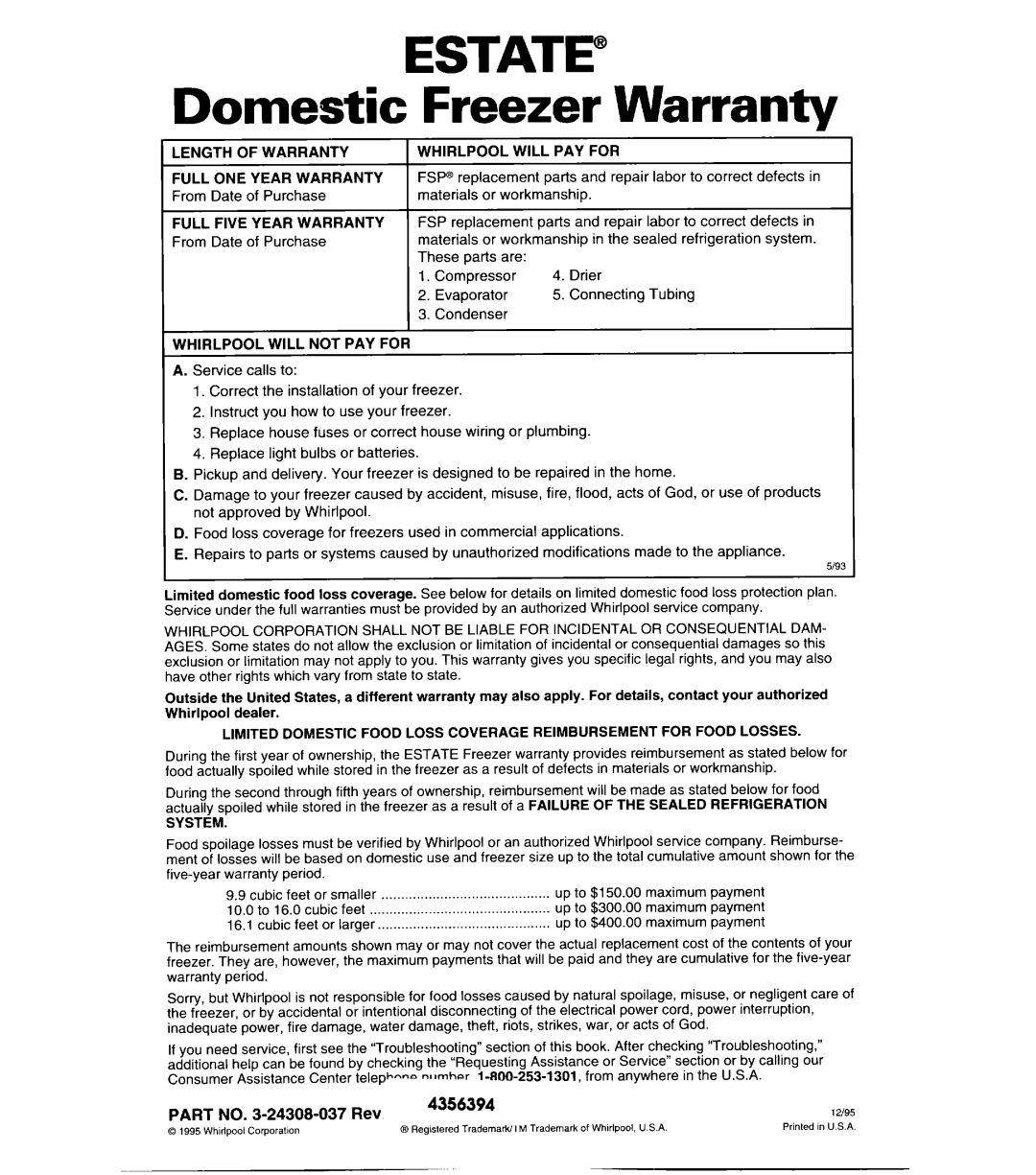Whirlpool CHEST FREEZERS warranty ESTATE” Domestic Freezer Warranty, PART NO. 3-24308-037Rev, 4356394 