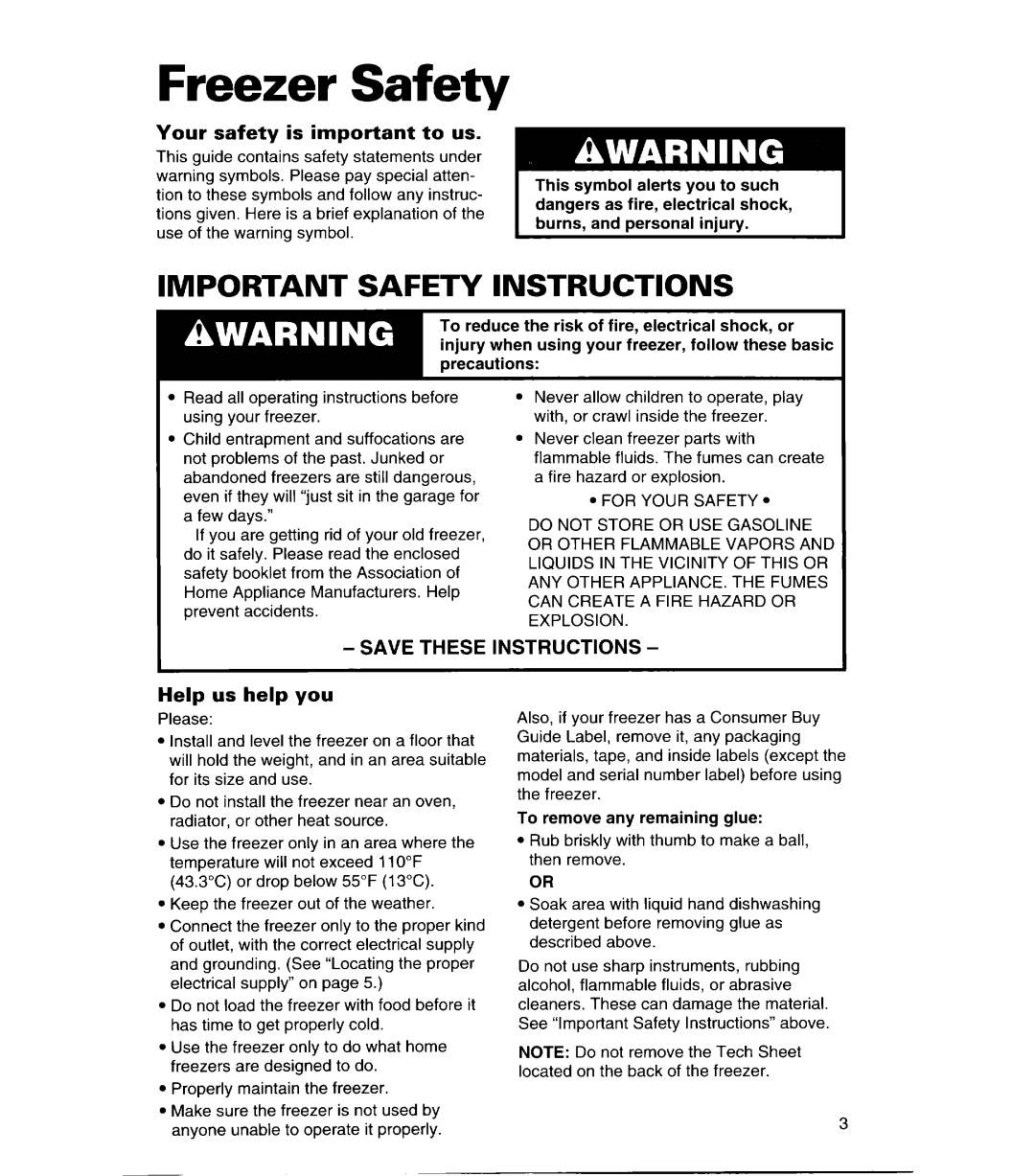 Whirlpool CHEST FREEZERS warranty Freezer Safety, Important Safety Instructions 