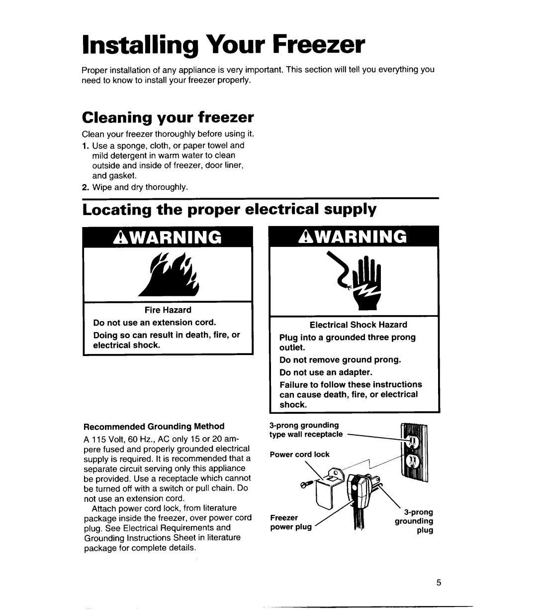 Whirlpool CHEST FREEZERS warranty Installing Your Freezer, Cleaning your freezer, Locating the proper electrical supply 