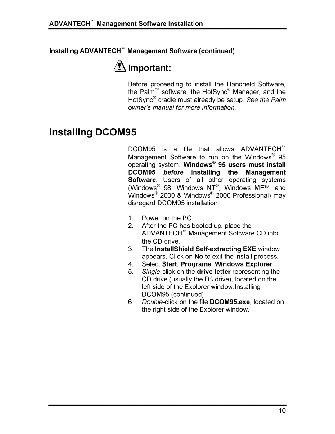 Whirlpool CL-8 user manual Installing DCOM95, DCOM95 before installing the Management 