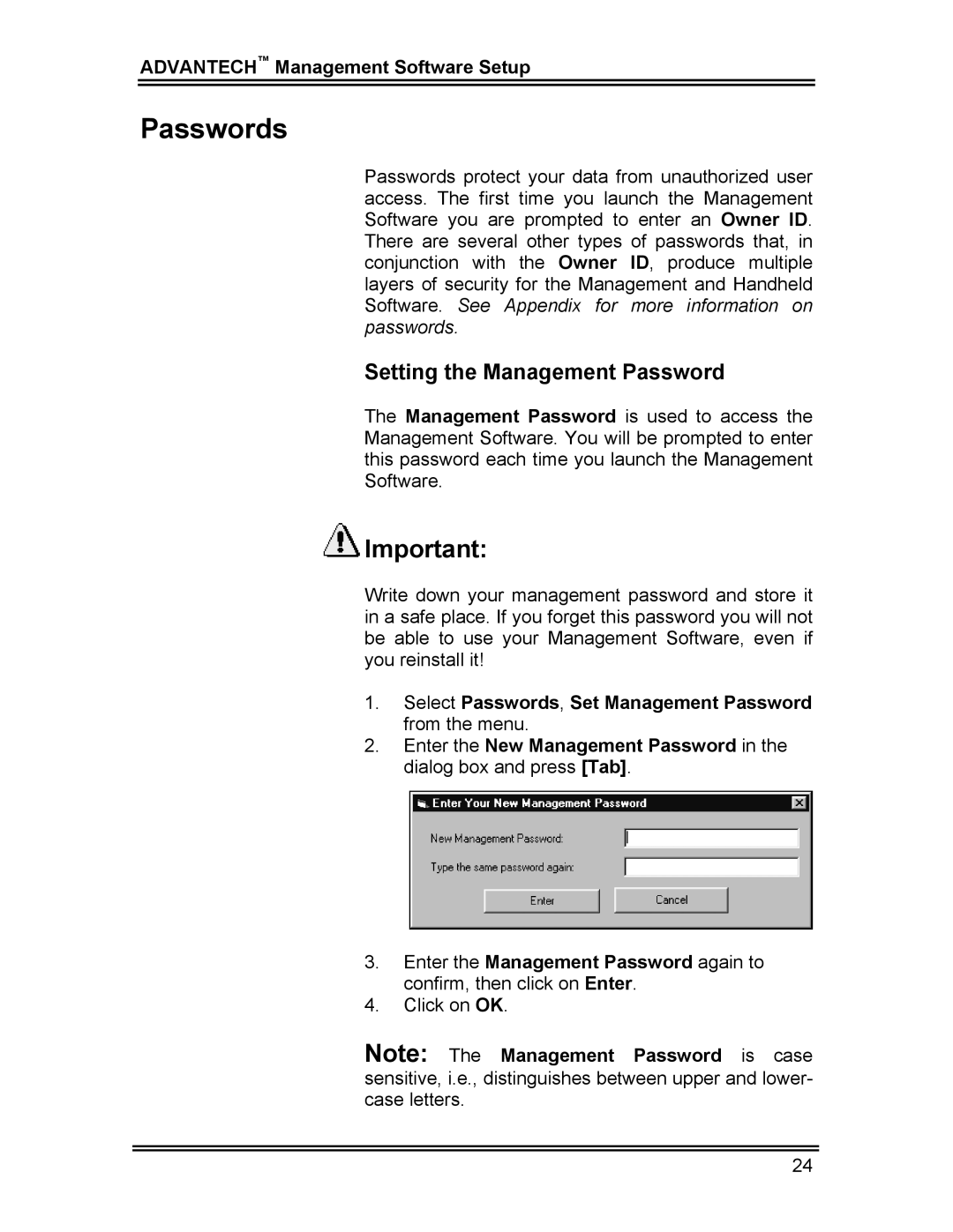 Whirlpool CL-8 user manual Passwords, Setting the Management Password 