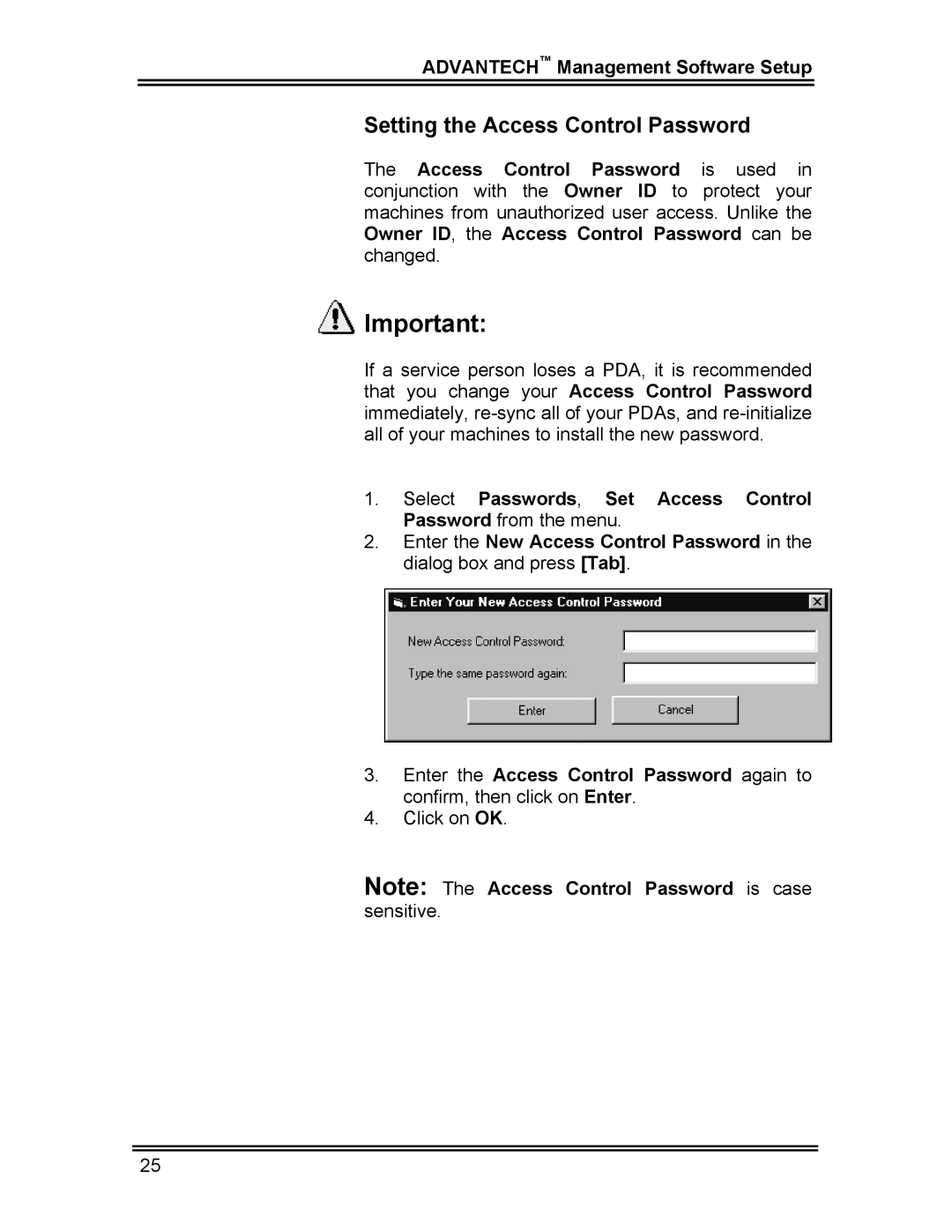 Whirlpool CL-8 user manual Setting the Access Control Password 