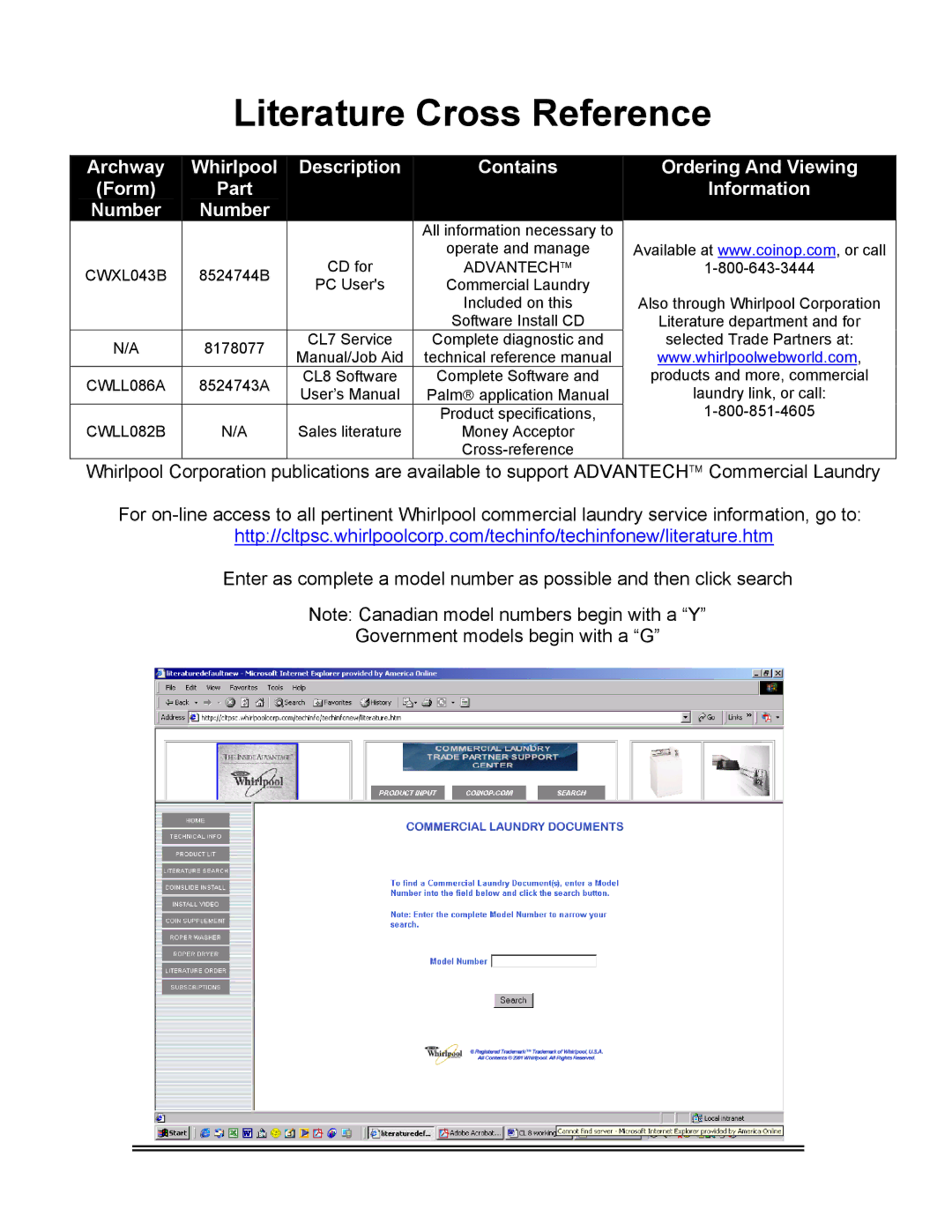 Whirlpool CL-8 user manual Literature Cross Reference, Advantech 