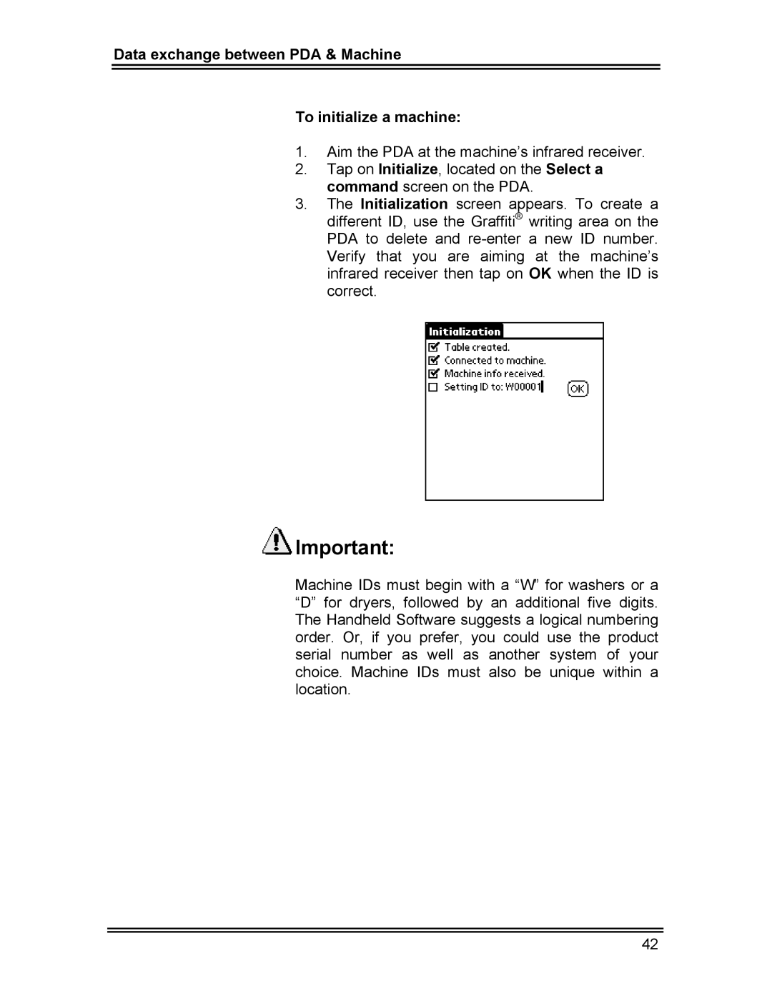 Whirlpool CL-8 user manual Data exchange between PDA & Machine To initialize a machine 