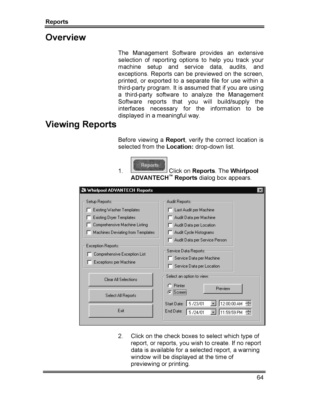 Whirlpool CL-8 user manual Viewing Reports 