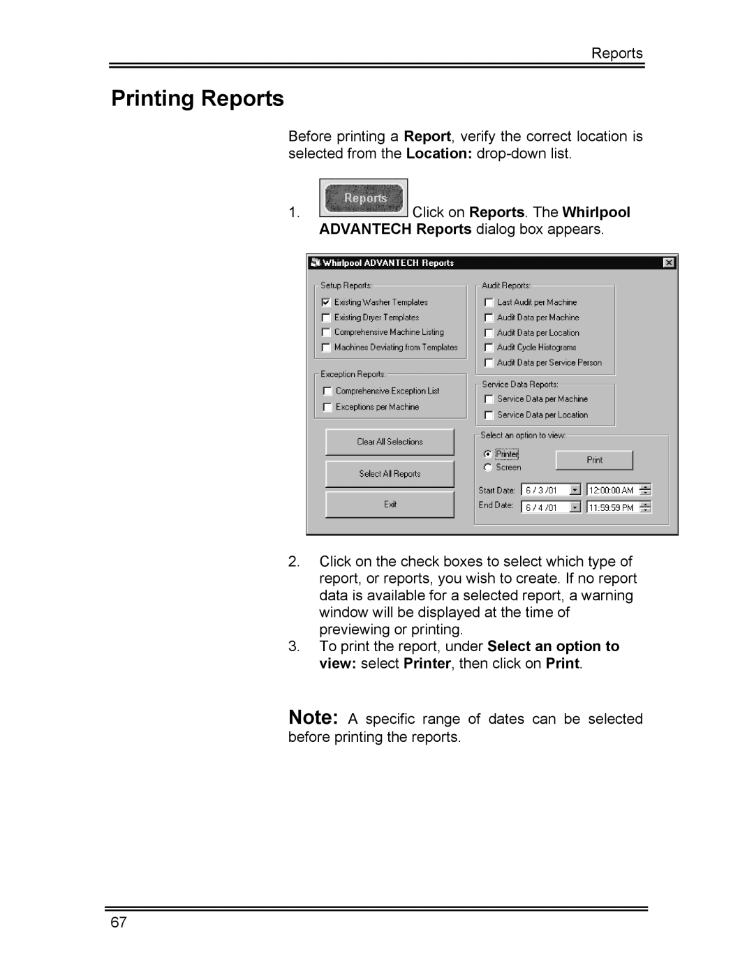 Whirlpool CL-8 user manual Printing Reports 