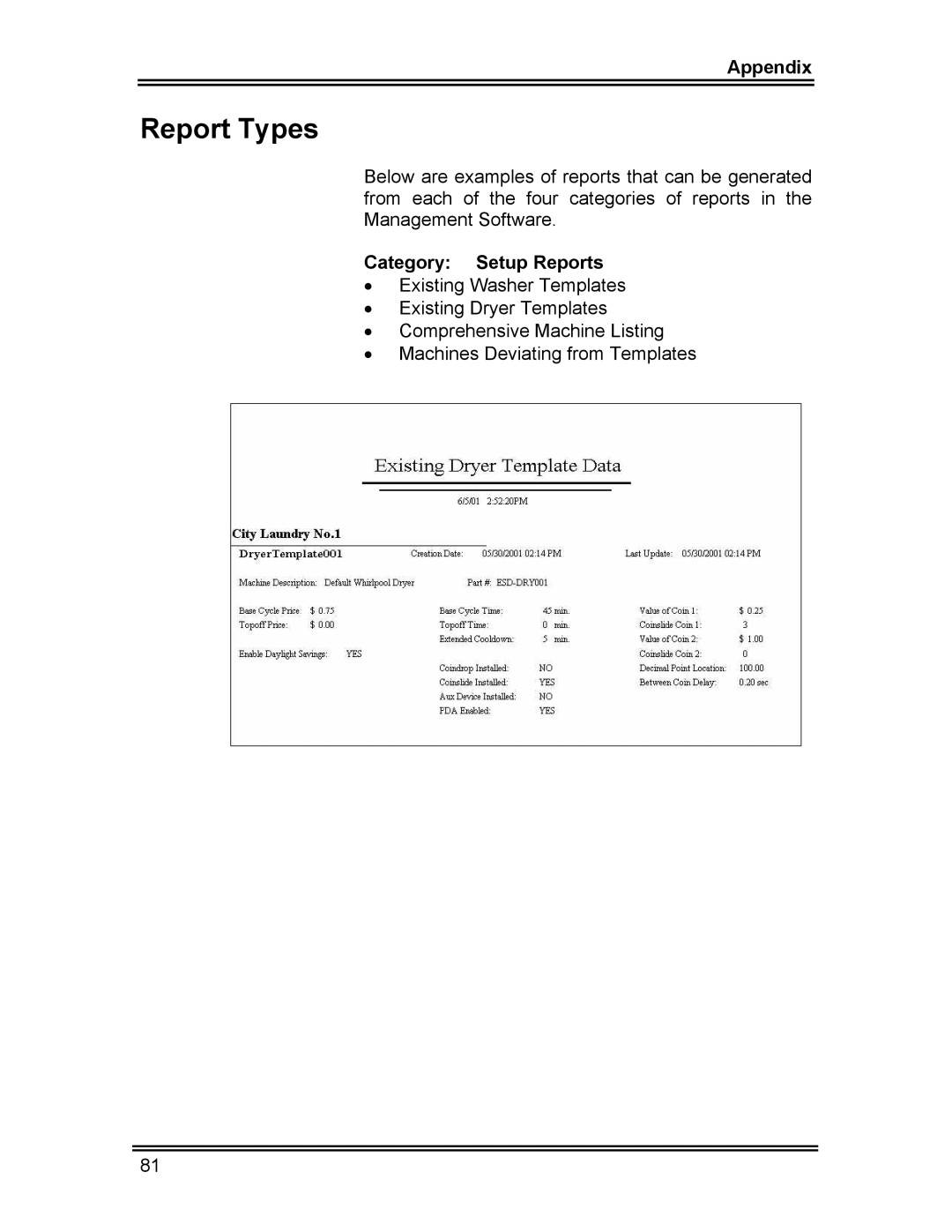 Whirlpool CL-8 user manual Report Types, Category Setup Reports 