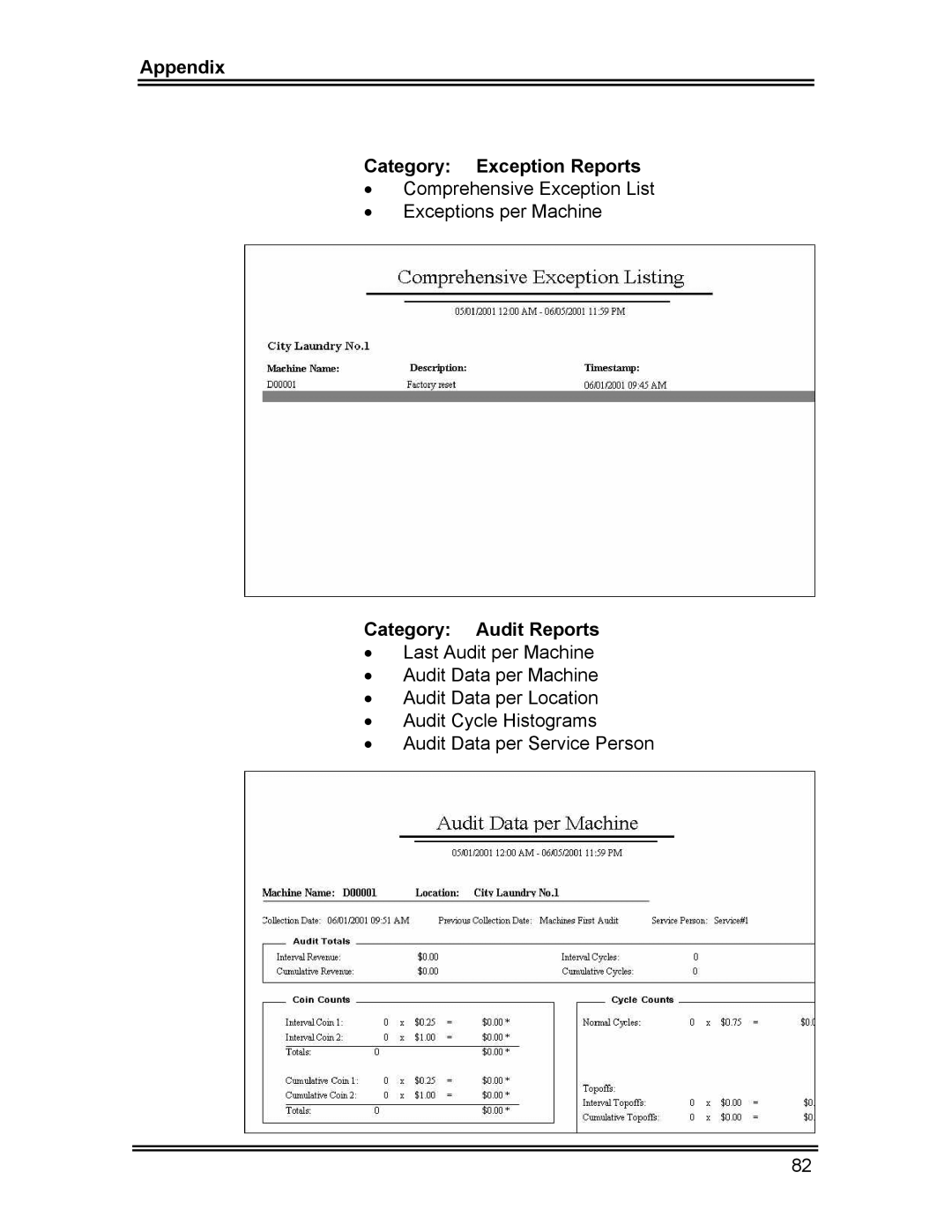 Whirlpool CL-8 user manual Appendix Category Exception Reports, Category Audit Reports 