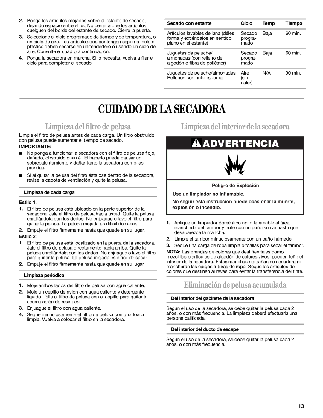 Whirlpool Clothes Dryer Cuidado DE LA Secadora, Limpieza del filtro de pelusa, Limpieza del interior de la secadora 