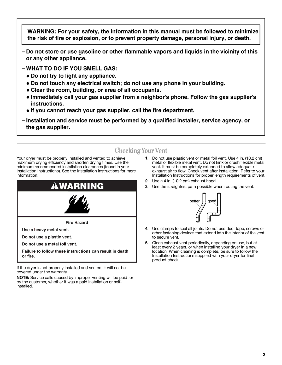 Whirlpool Clothes Dryer warranty Checking Your Vent, What to do if YOU Smell GAS 