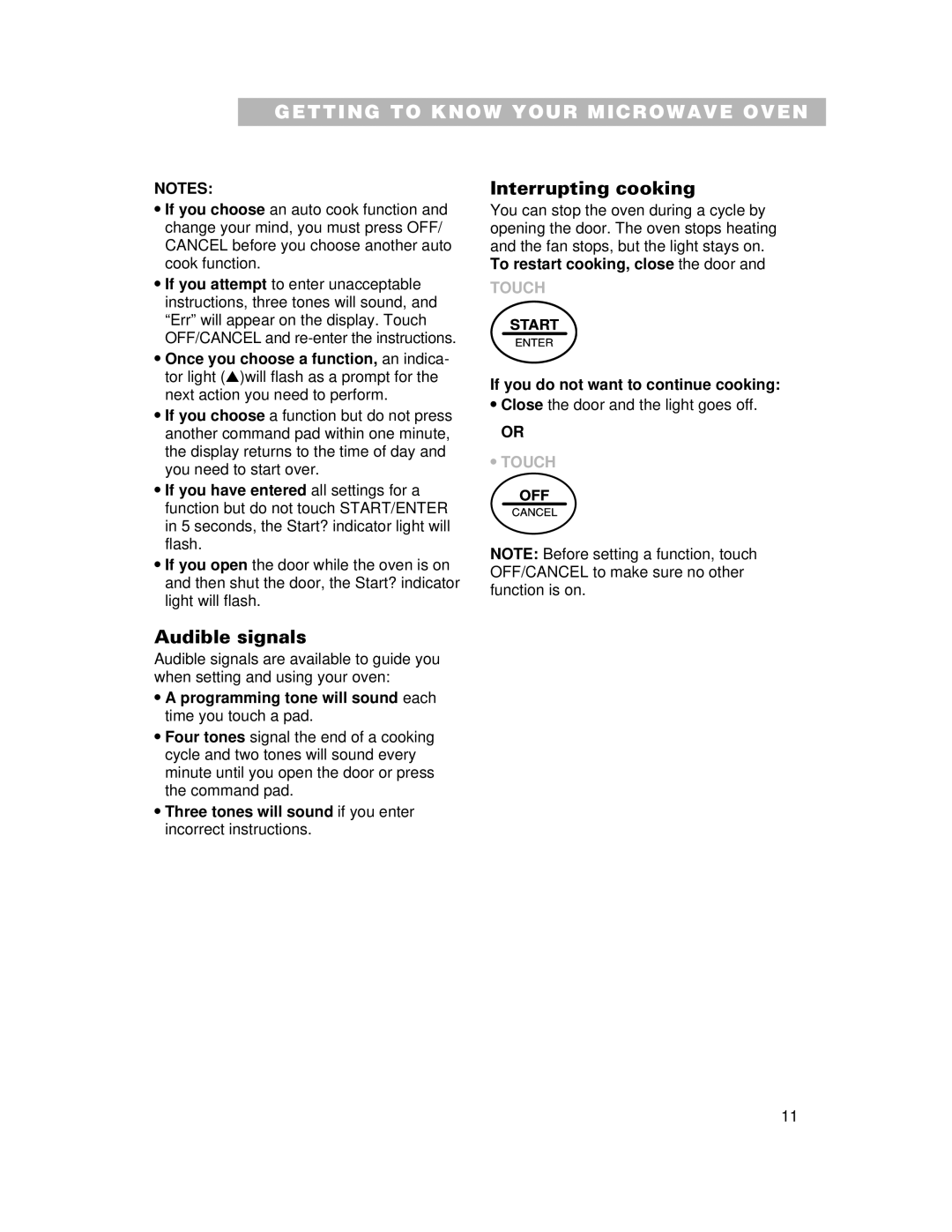 Whirlpool CMT061SG installation instructions Interrupting cooking, Audible signals, If you do not want to continue cooking 