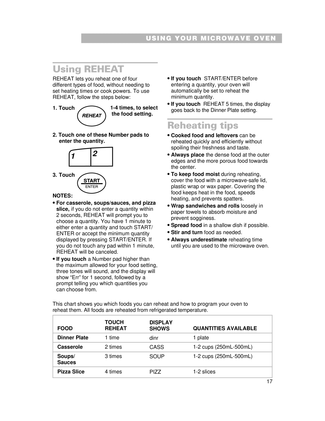 Whirlpool CMT061SG Using Reheat, Reheating tips, Touch Display Food Reheat Shows Quantities Available 