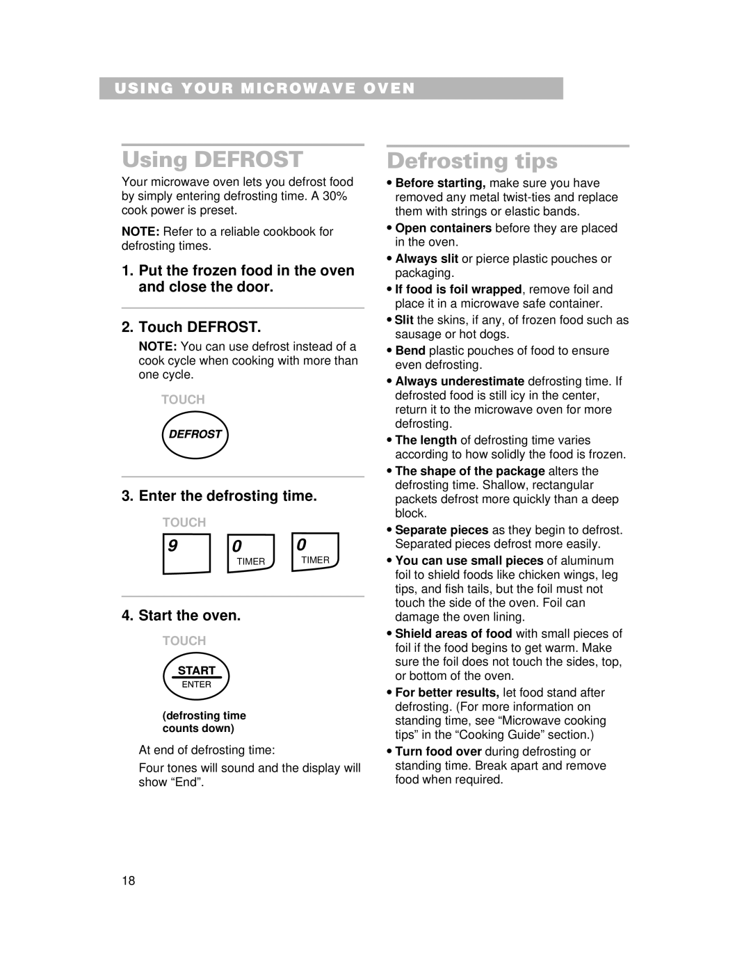 Whirlpool CMT061SG installation instructions Using Defrost, Defrosting tips 