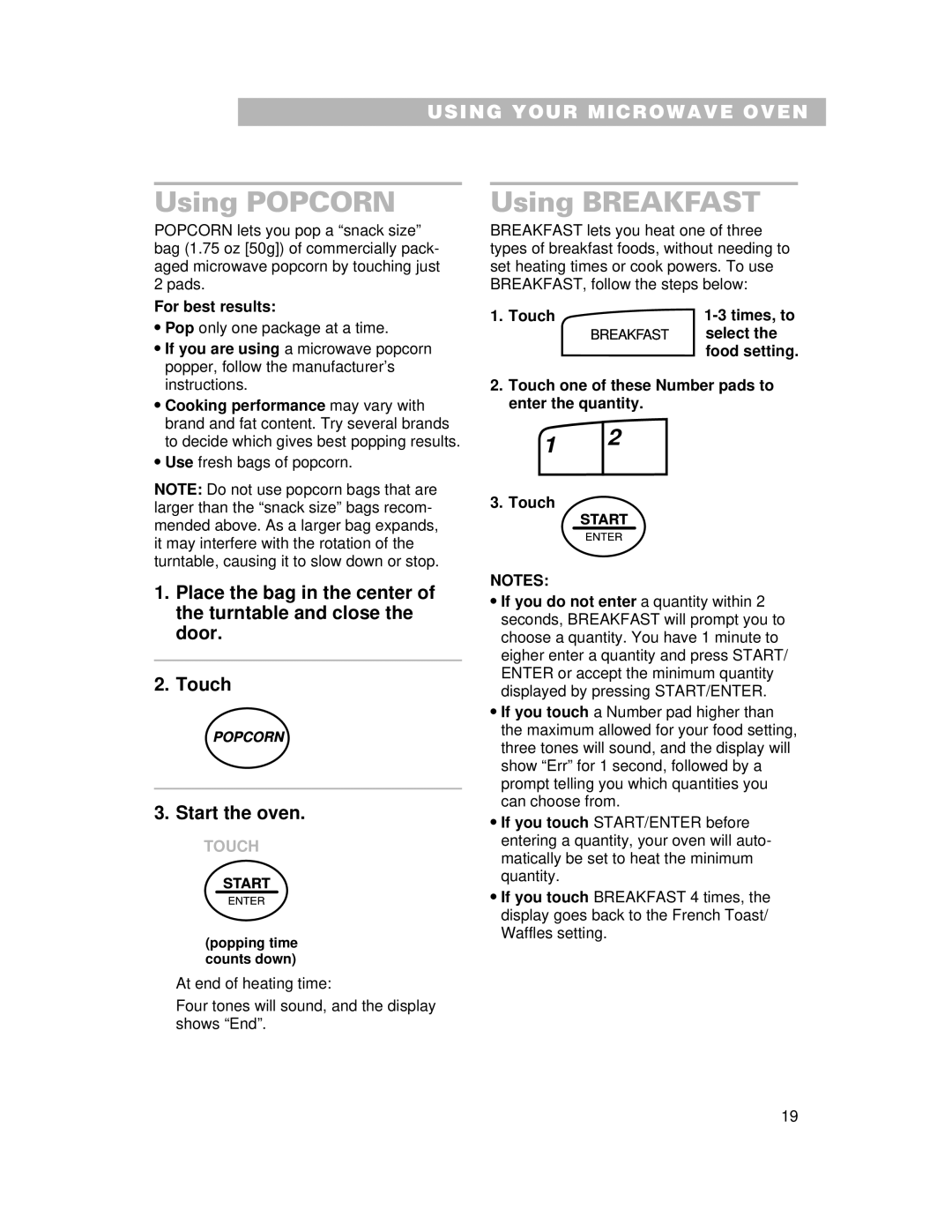 Whirlpool CMT061SG installation instructions Using Popcorn, Using Breakfast, For best results, Touch Times, to, Select 