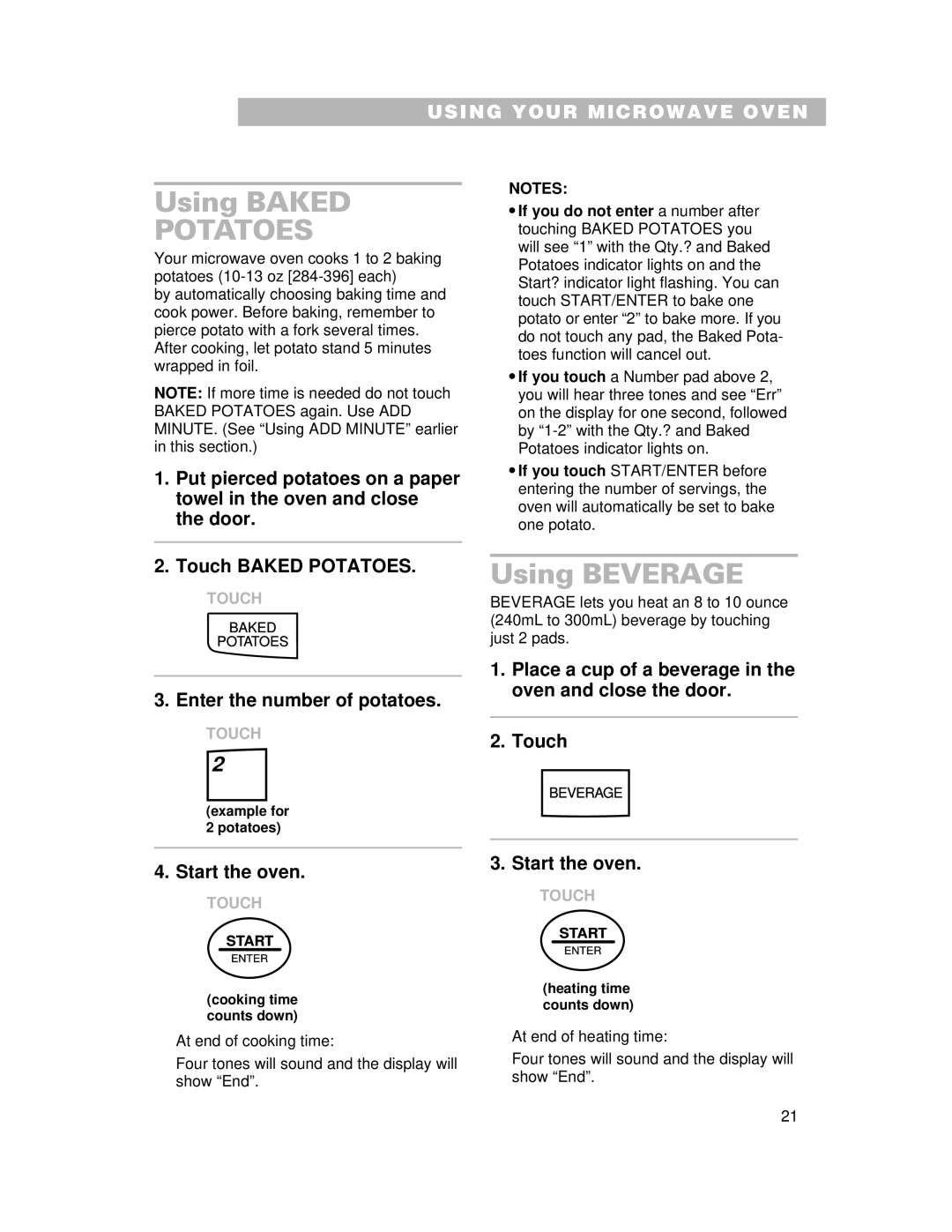 Whirlpool CMT061SG installation instructions Using Baked, Using Beverage 