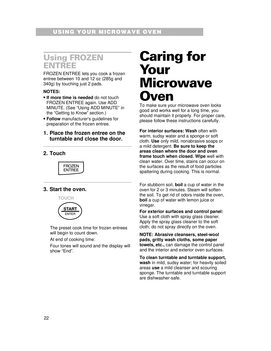 Whirlpool CMT061SG installation instructions Caring for Your Microwave Oven, Using Frozen 