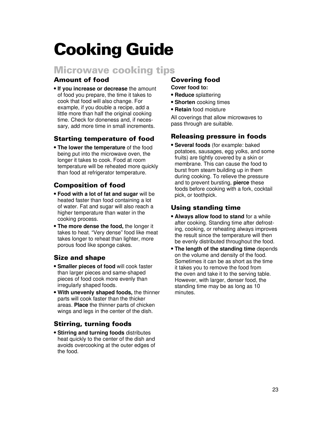 Whirlpool CMT061SG installation instructions Cooking Guide, Microwave cooking tips 