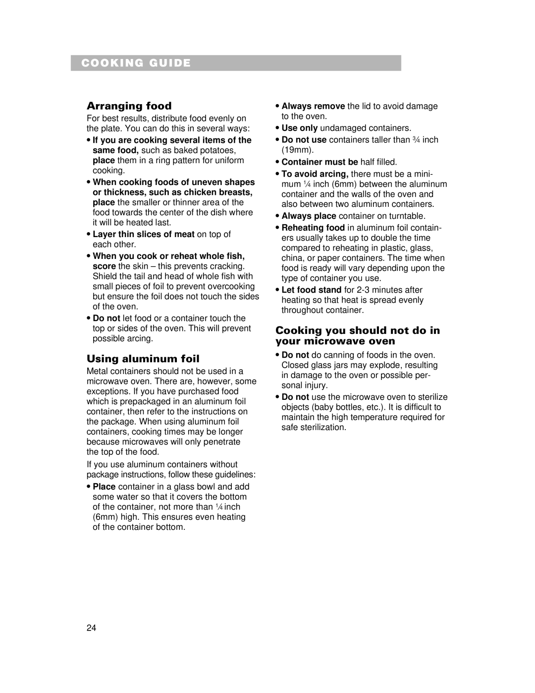 Whirlpool CMT061SG Arranging food, Using aluminum foil, Cooking you should not do in your microwave oven 