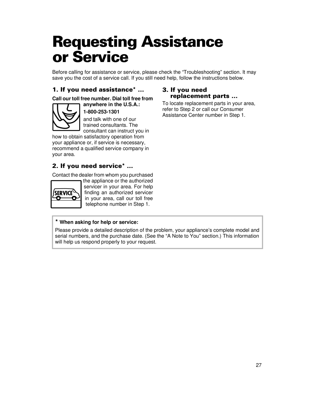 Whirlpool CMT061SG Requesting Assistance or Service, If you need assistance* …, If you need replacement parts … 