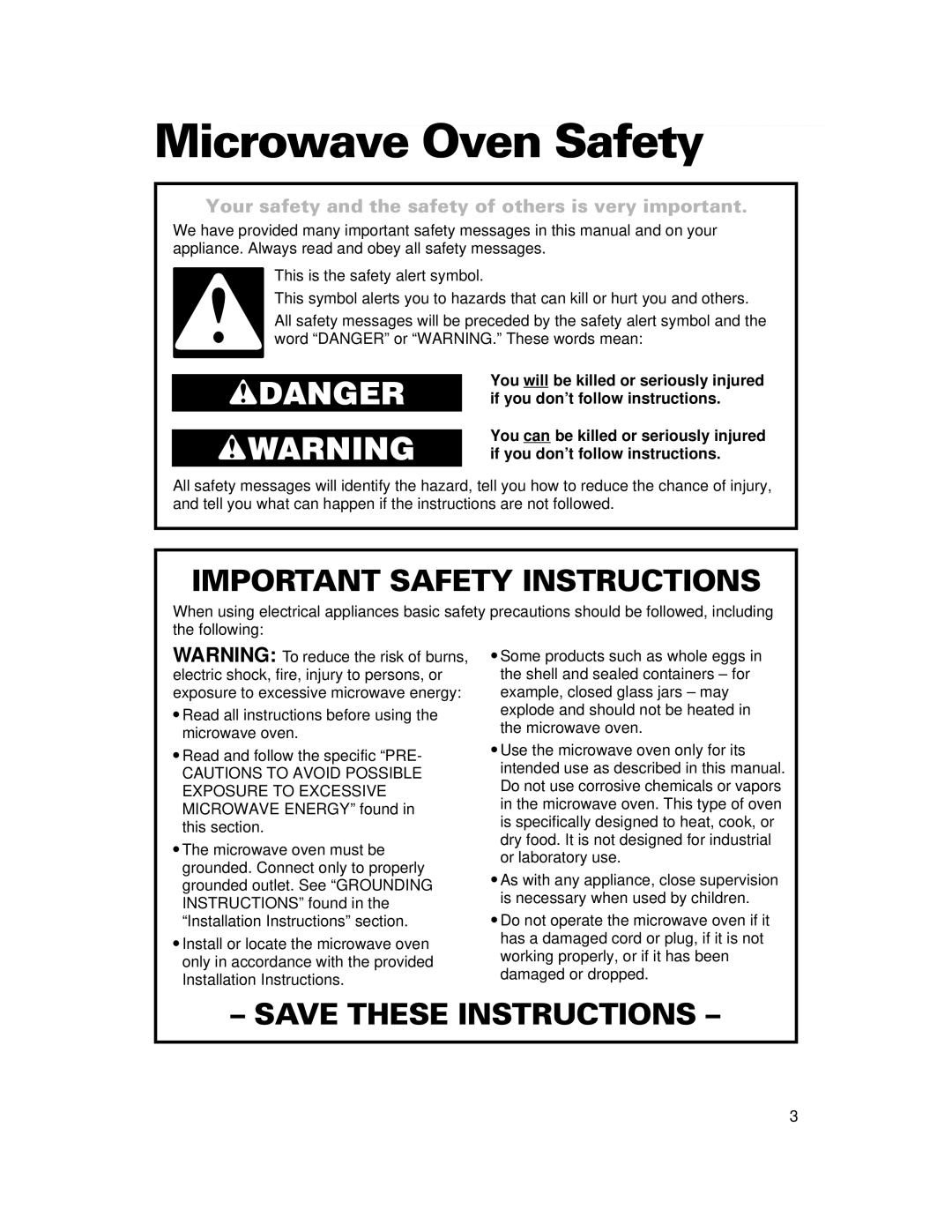 Whirlpool CMT061SG installation instructions Microwave Oven Safety, Your safety and the safety of others is very important 