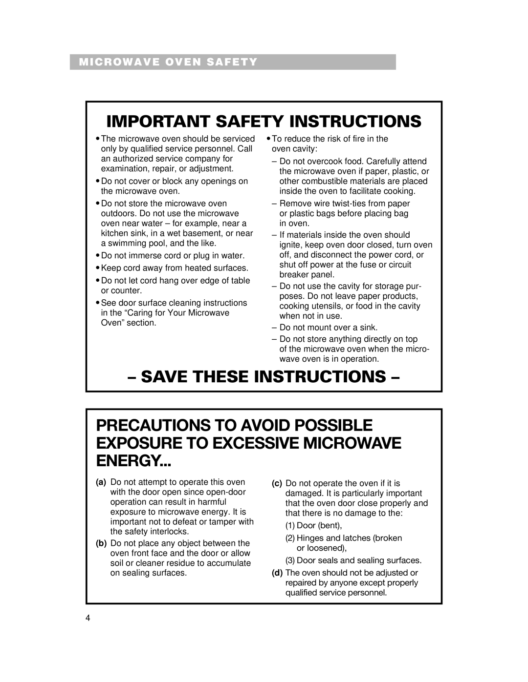 Whirlpool CMT061SG installation instructions Microwave Oven Safety 