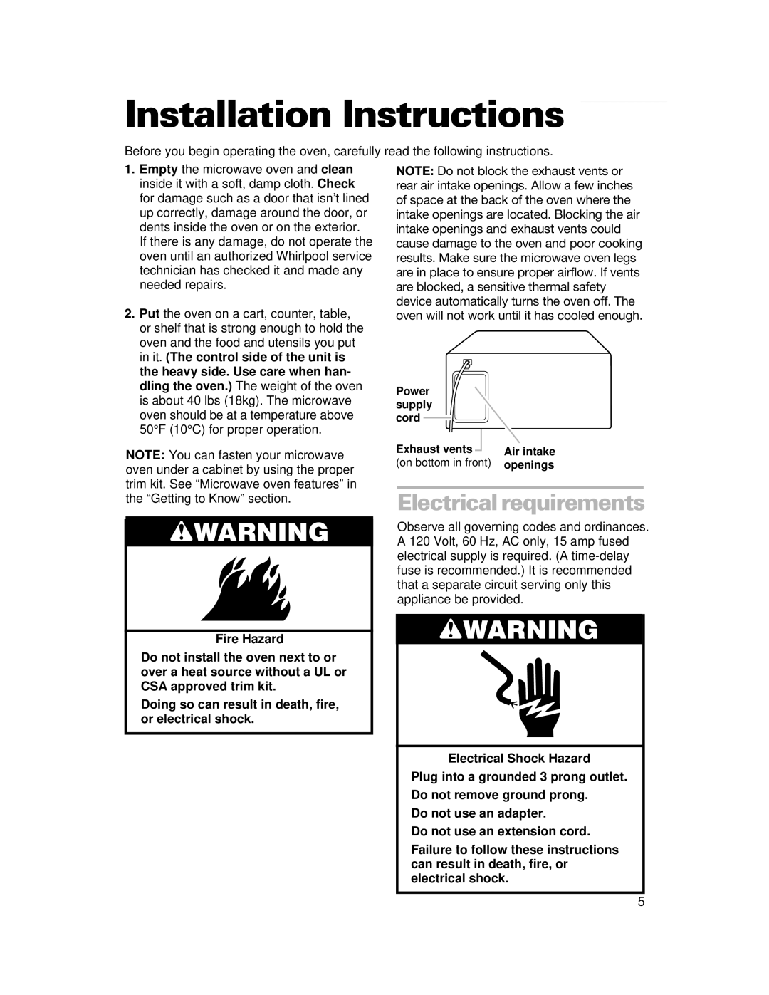 Whirlpool CMT061SG installation instructions Installation Instructions, Electrical requirements 