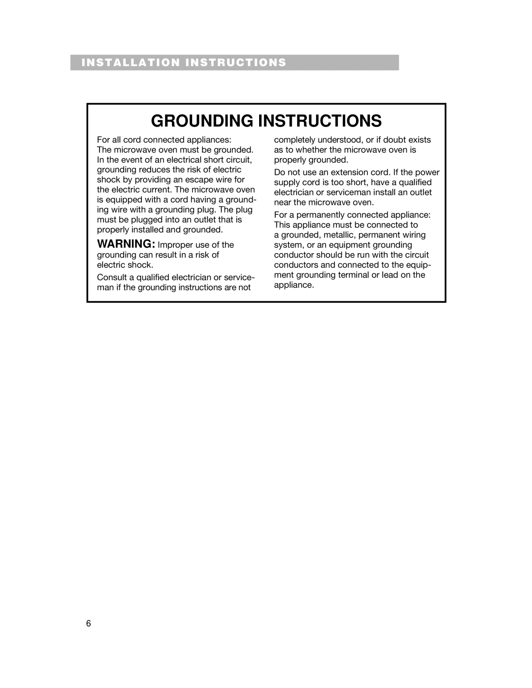 Whirlpool CMT061SG installation instructions Grounding Instructions 