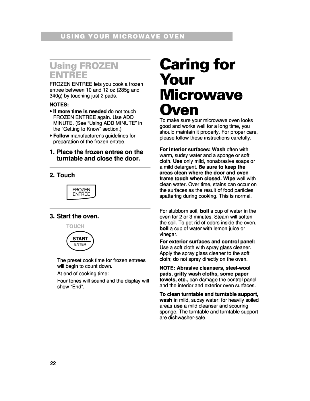 Whirlpool CMT061SG Caring for Your Microwave Oven, Using FROZEN ENTREE, Using Your Microwave Oven, Touch, Start the oven 