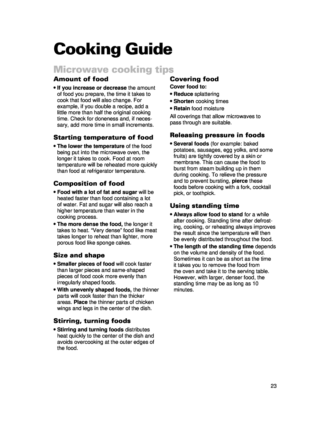 Whirlpool CMT061SG Cooking Guide, Microwave cooking tips, Amount of food, Covering food, Starting temperature of food 