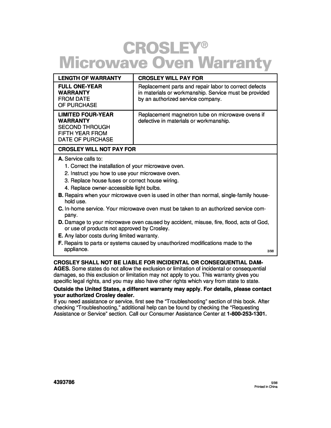 Whirlpool CMT061SG installation instructions CROSLEY Microwave Oven Warranty 