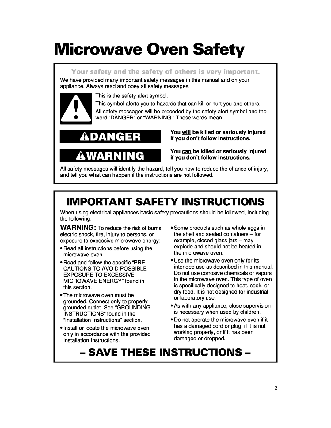 Whirlpool CMT061SG Microwave Oven Safety, wDANGER wWARNING, Important Safety Instructions, Save These Instructions 