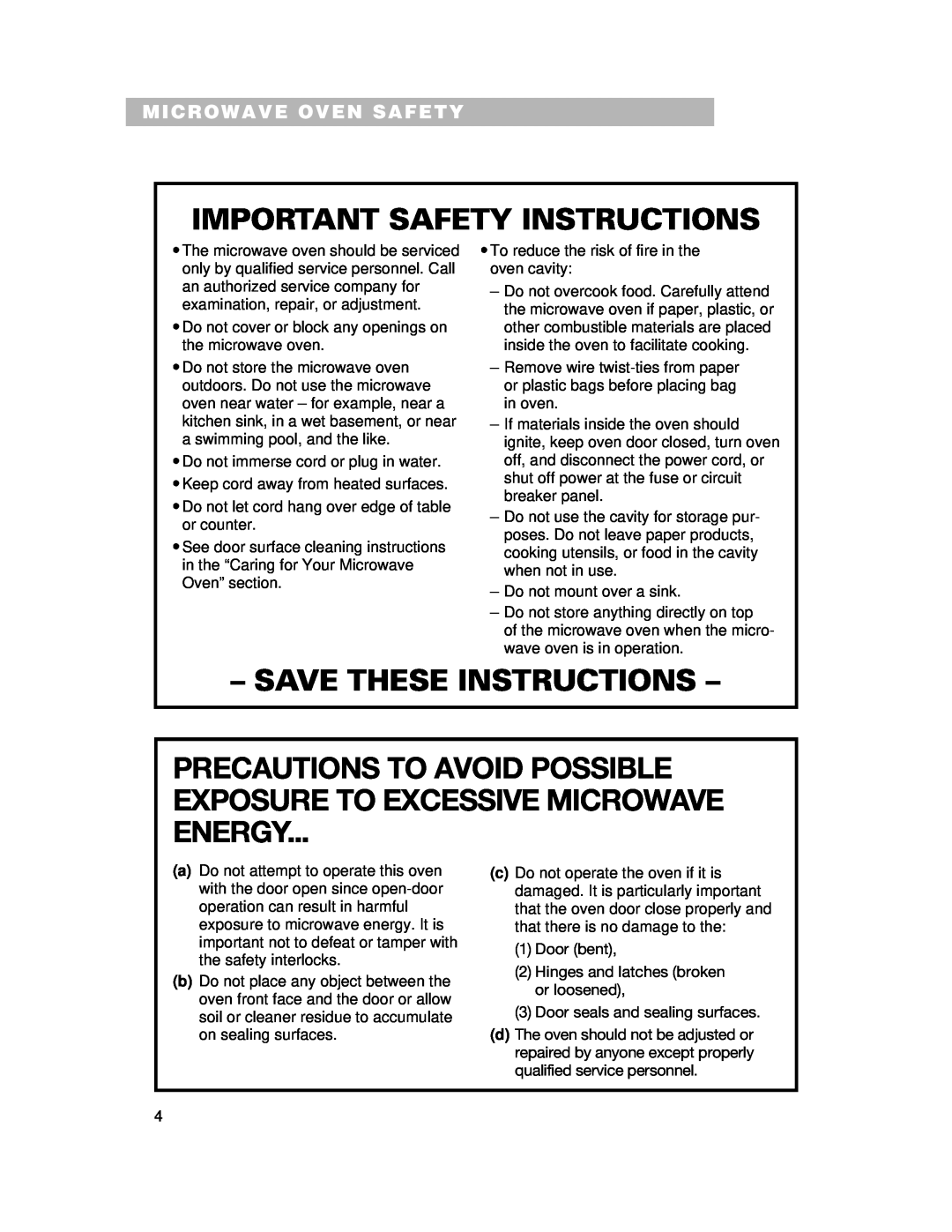 Whirlpool CMT061SG Precautions To Avoid Possible Exposure To Excessive Microwave Energy, Microwave Oven Safety 