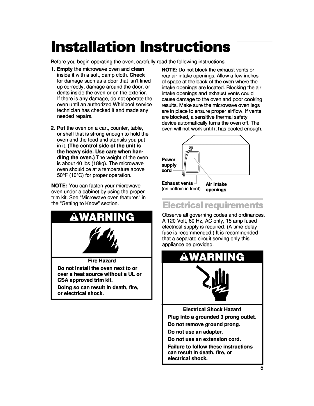 Whirlpool CMT061SG installation instructions Installation Instructions, wWARNING, Electrical requirements 